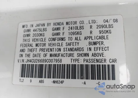2009 Acura Tsx z USA, uszkodzony, nr VIN JH4CU26689C007958